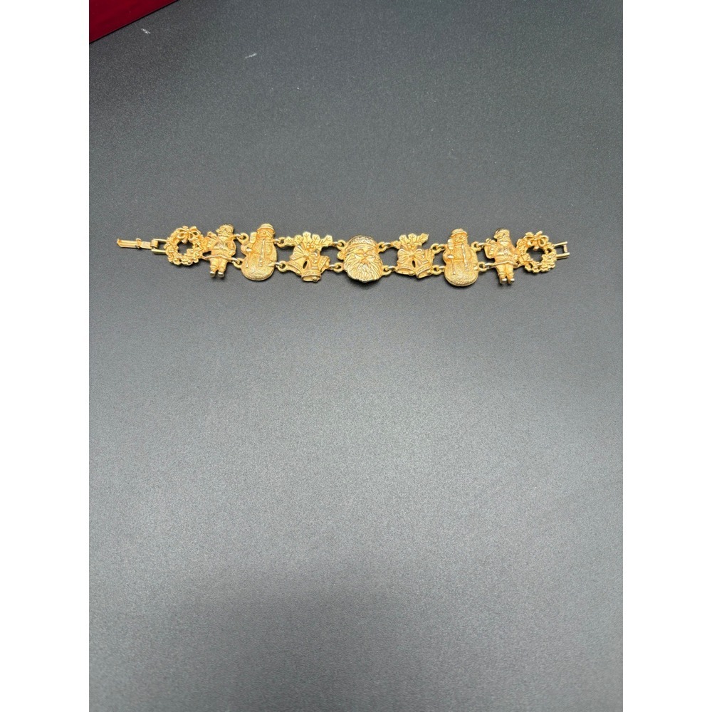 OJC Christmas Charm Bracelet Santa Snowman Bells Holly Gold Tone Vtg - Picture 7 of 8
